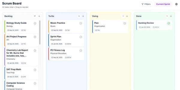 Scrum board screenshot from the Scrum for Teens app